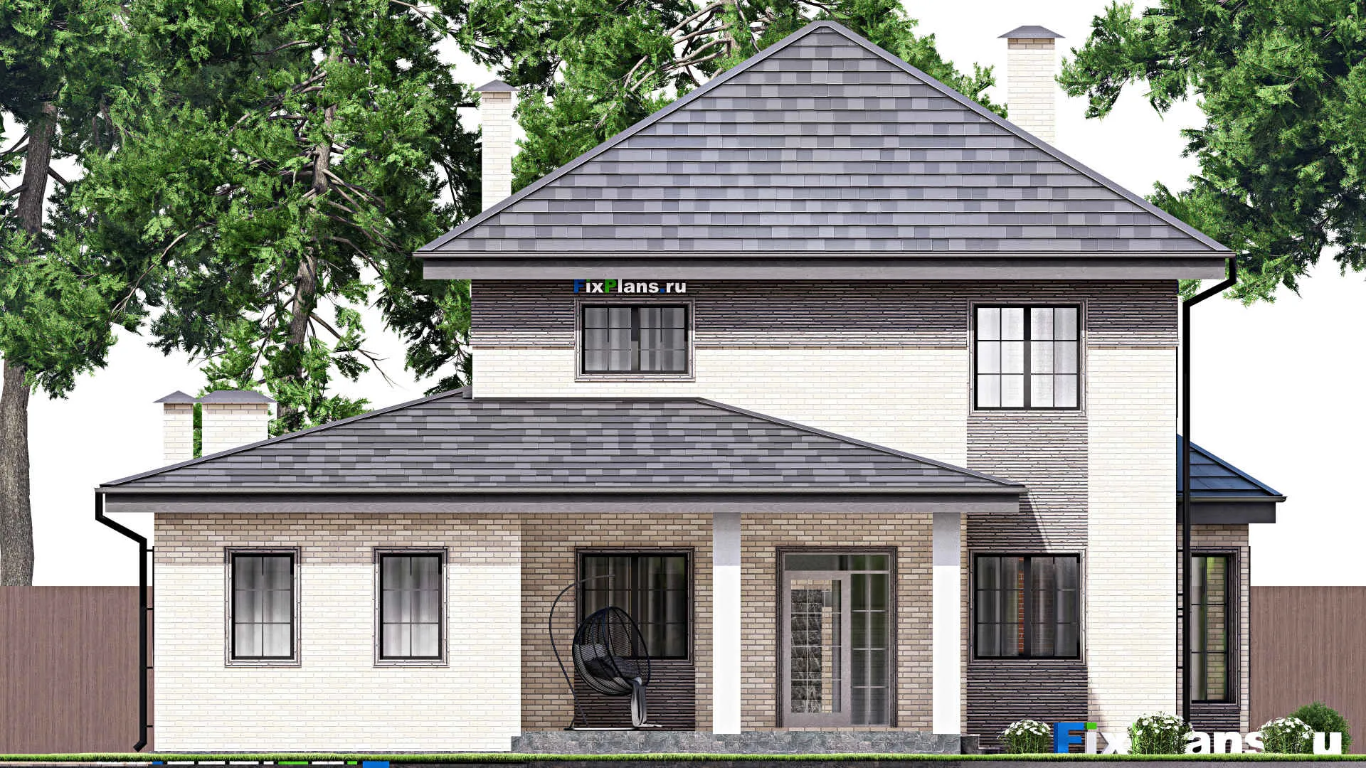 F-12635 - Проект двухэтажного дома 15 на 15, площадью 220 м² с террасой, баней, гаражом на 1 машину и 4 спальнями