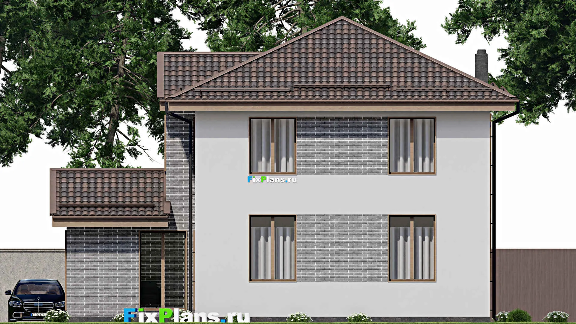 F-7325 - Проект двухэтажного дома 14 на 14, площадью 200 м² с террасой и 4 спальнями