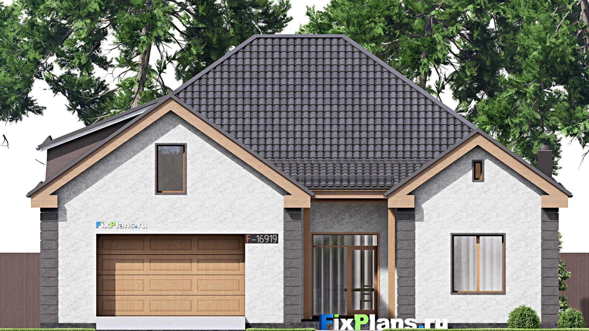 F-16919 - Проект одноэтажного дома 16 на 21, площадью 300 м² с гаражом на 2 машины и 5 спальнями