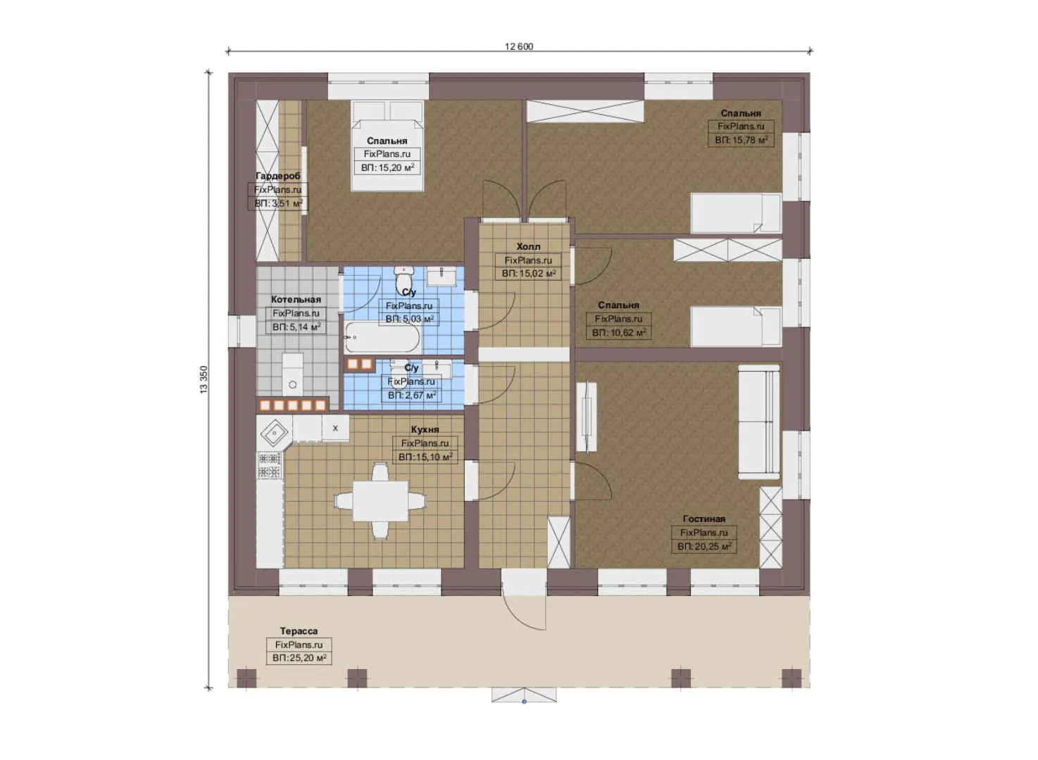 F-14129 - План одноэтажного дома 13 на 14, площадью 140 м² с террасой и 3 спальнями
