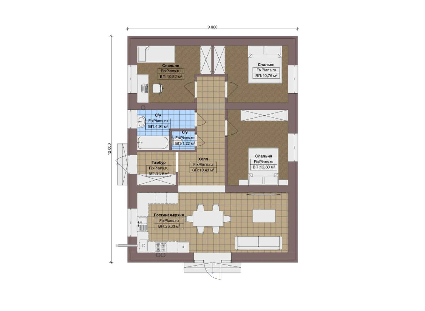 F-13571 - План одноэтажного дома 9 на 12, площадью 90 м² с 3 спальнями