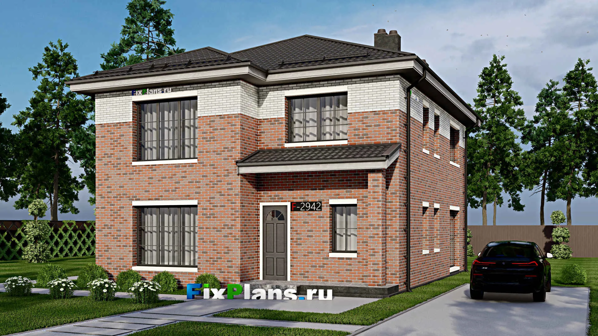 F-2942 - Проект двухэтажного дома 12 на 13, площадью 200 м² с террасой и 4 спальнями