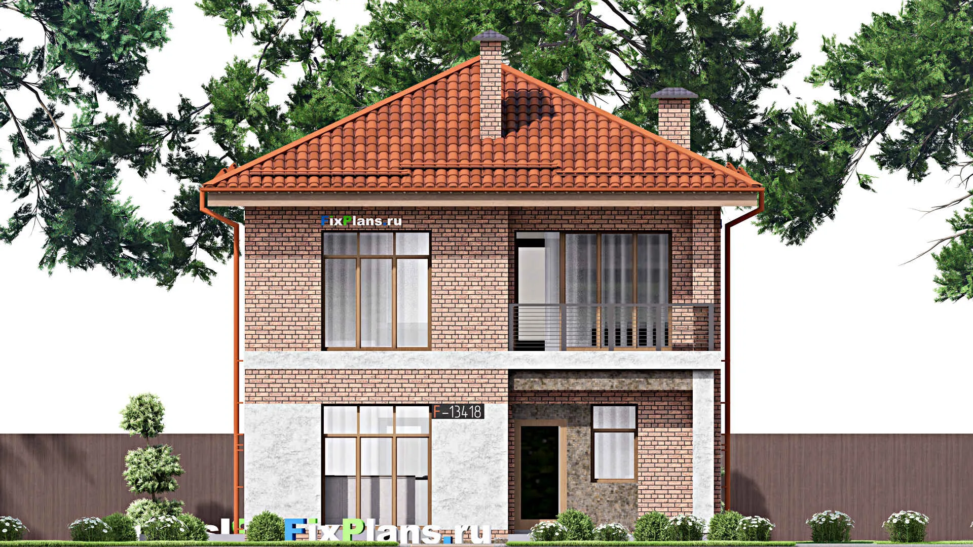 F-13418 - Проект двухэтажного дома 12 на 12, площадью 140 м² с террасой, балконом и 4 спальнями