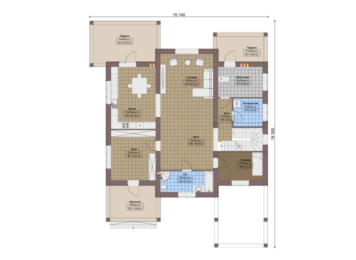 F-19628 - Планы двухэтажного дома 16 на 20, площадью 270 м² с террасой и 3 спальнями