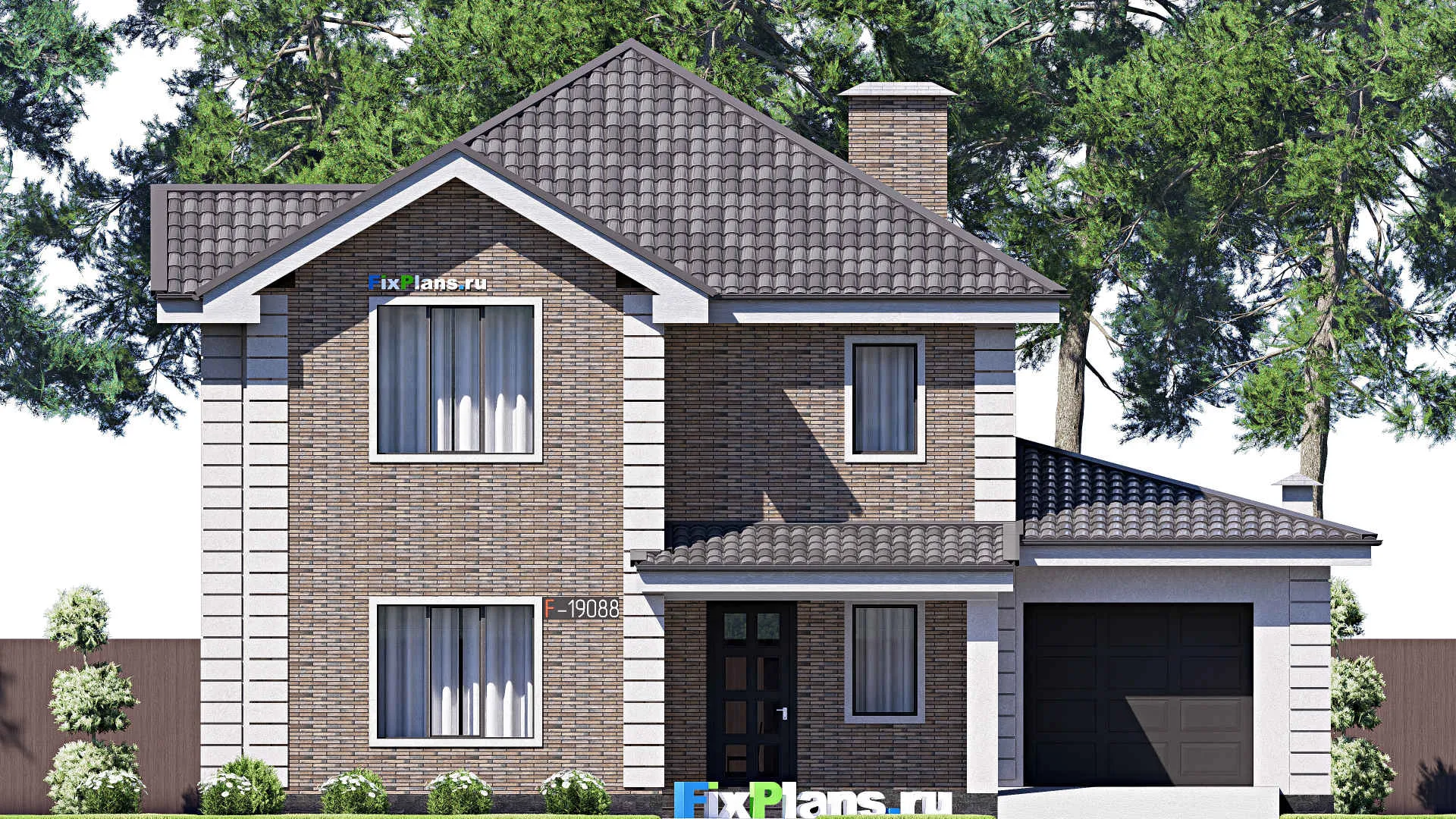 F-19088 - Проект двухэтажного дома 15 на 15, площадью 220 м² с террасой, гаражом на 1 машину и 4 спальнями