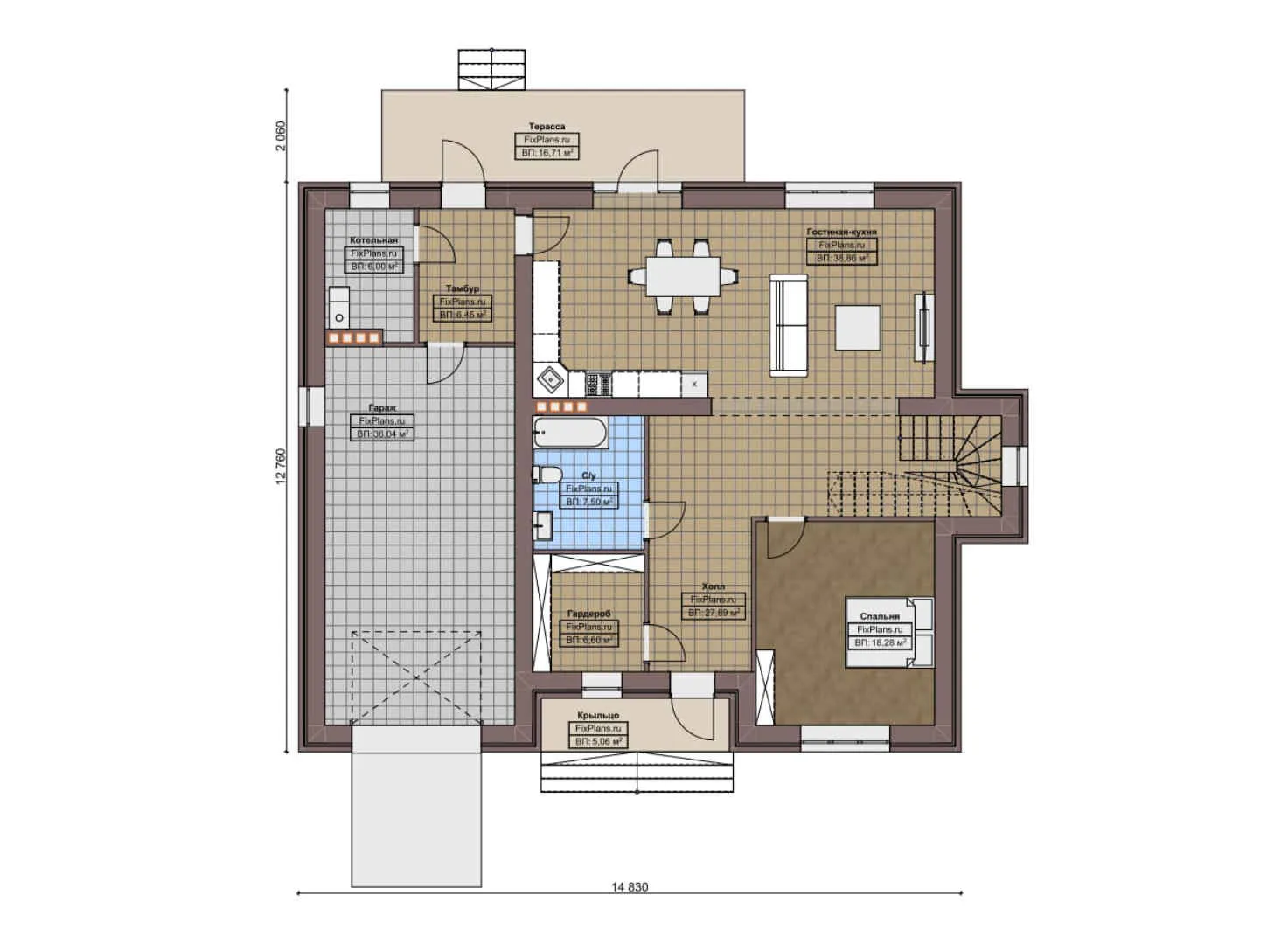 F-5813 - Планы двухэтажного дома 13 на 15, площадью 270 м² с террасой, балконом, гаражом на 2 машины и 5 спальнями