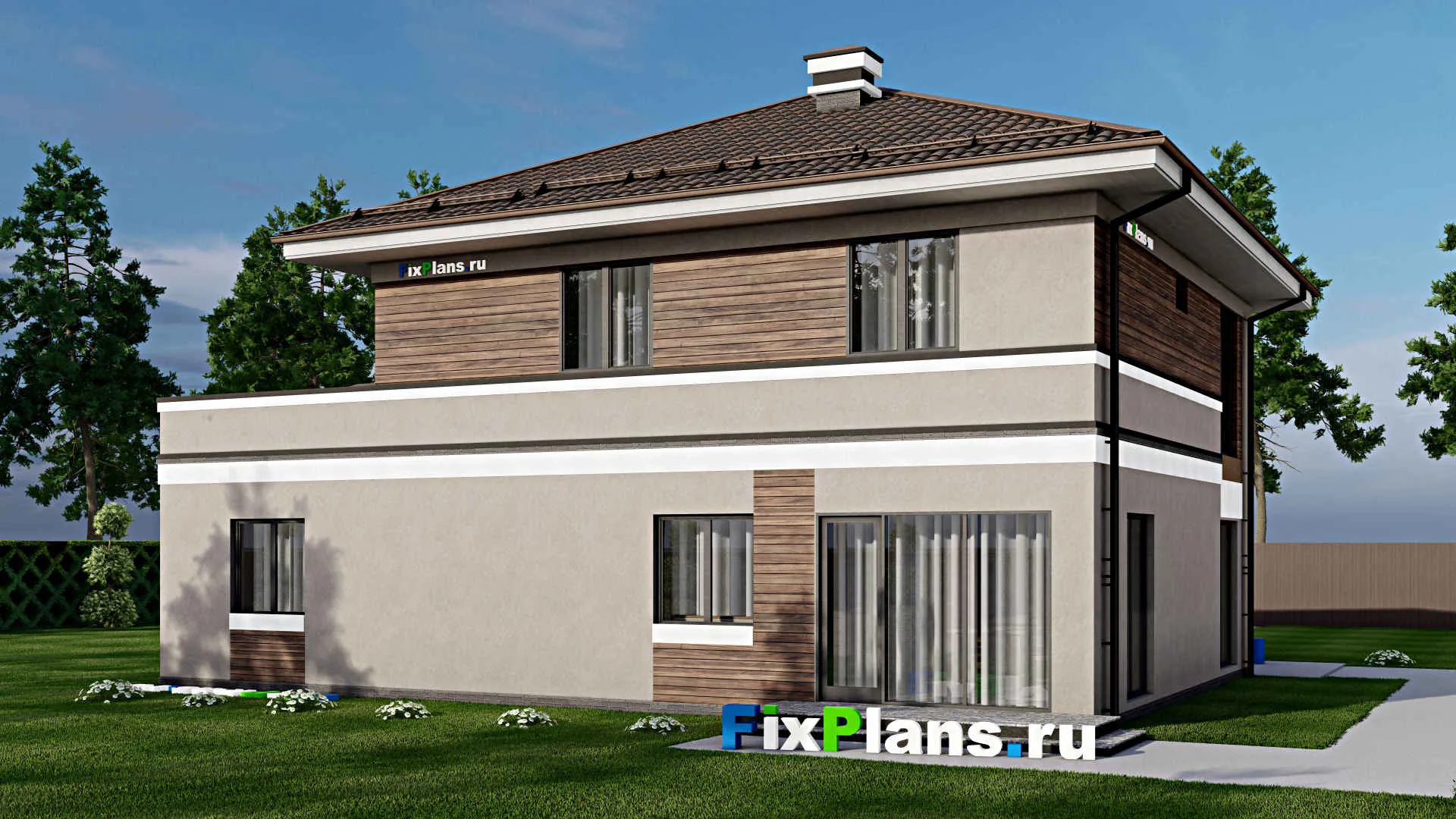 F-8594 - Проект двухэтажного дома 13 на 17, площадью 300 м² с террасой, балконом, гаражом на 2 машины и 4 спальнями