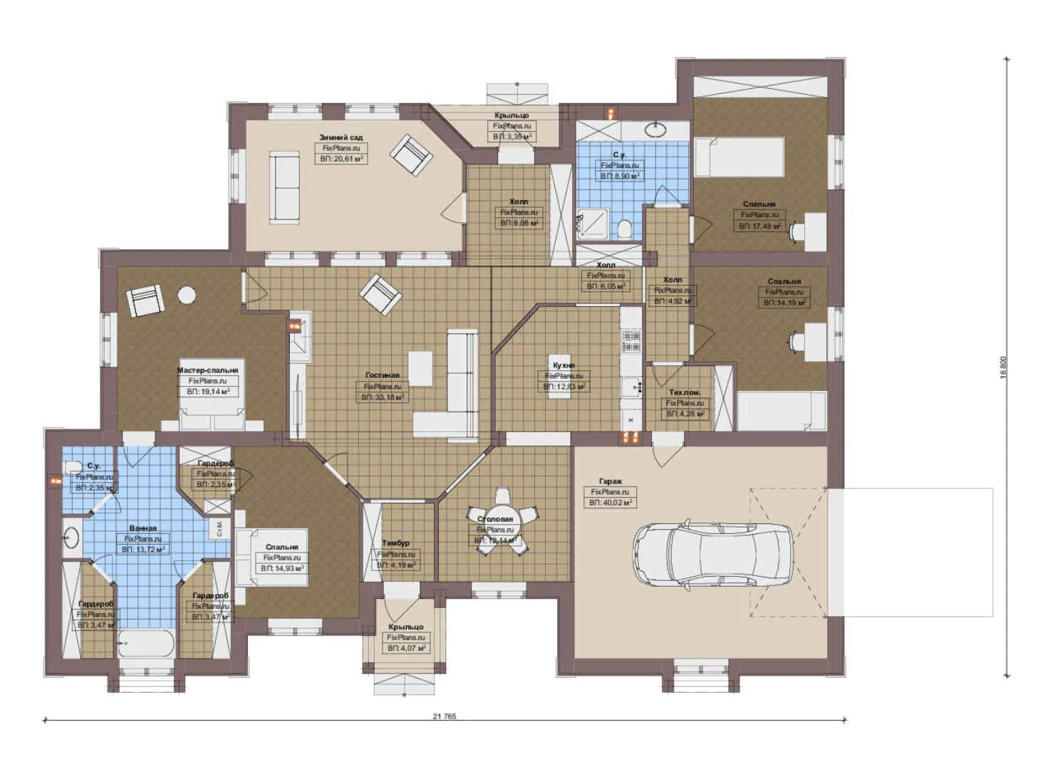 F-19763 - План одноэтажного дома 17 на 22, площадью 260 м² с гаражом на 2 машины и 4 спальнями