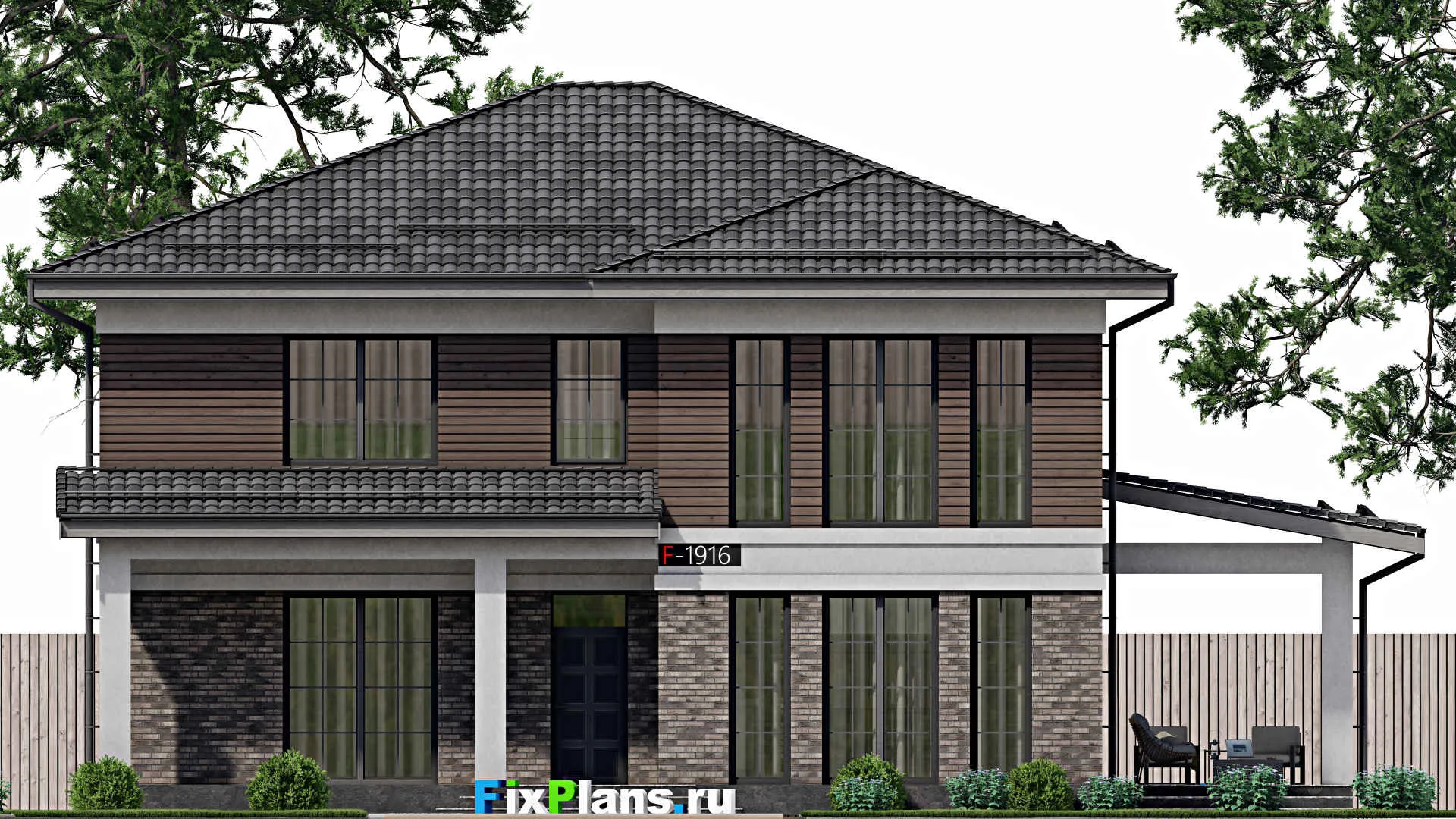 F-1916 - Проект двухэтажного дома 13 на 14, площадью 280 м² с террасой и 5 спальнями