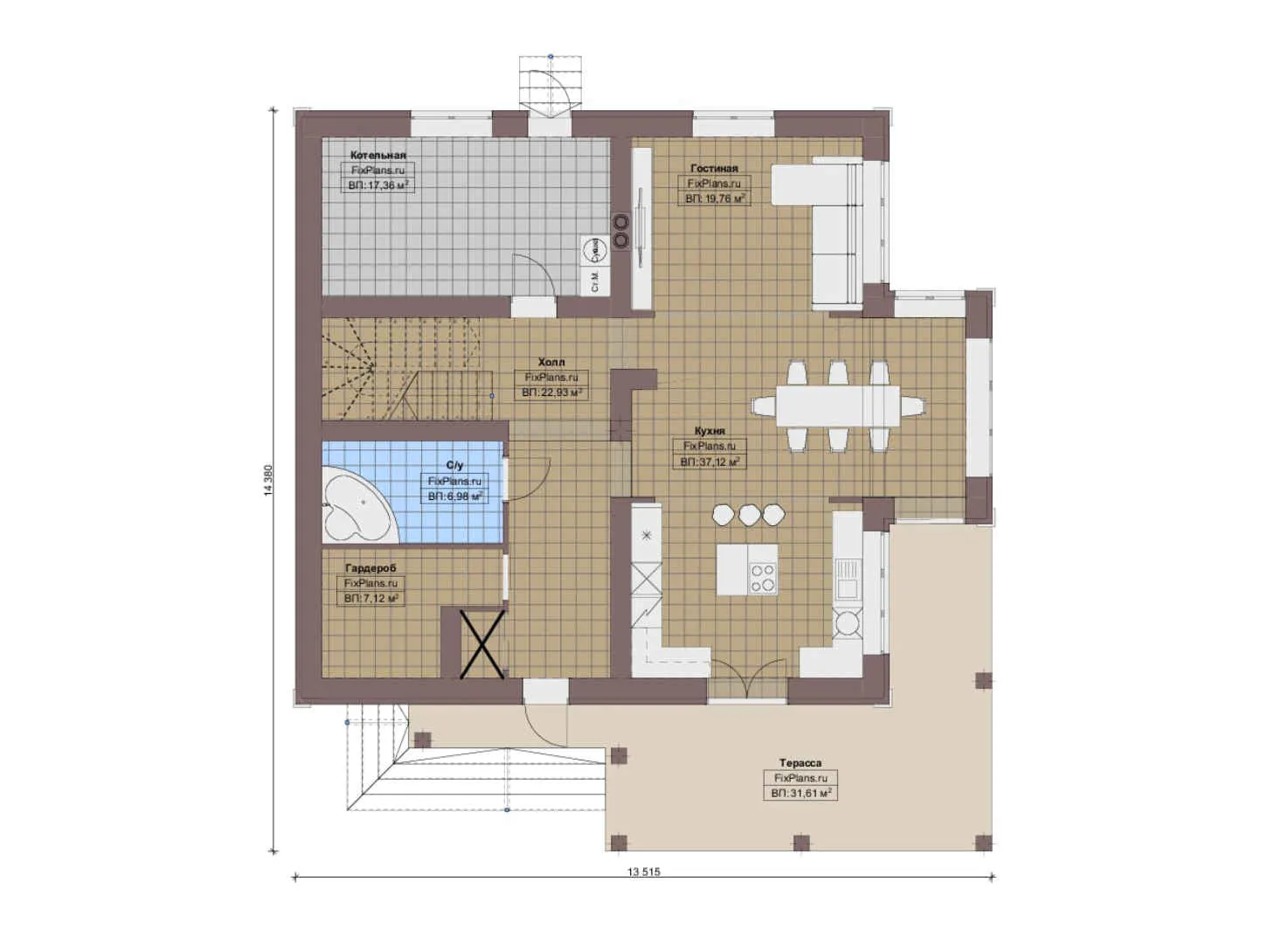 F-0341 - Планы двухэтажного дома 14 на 15, площадью 250 м² с террасой, балконом и 4 спальнями