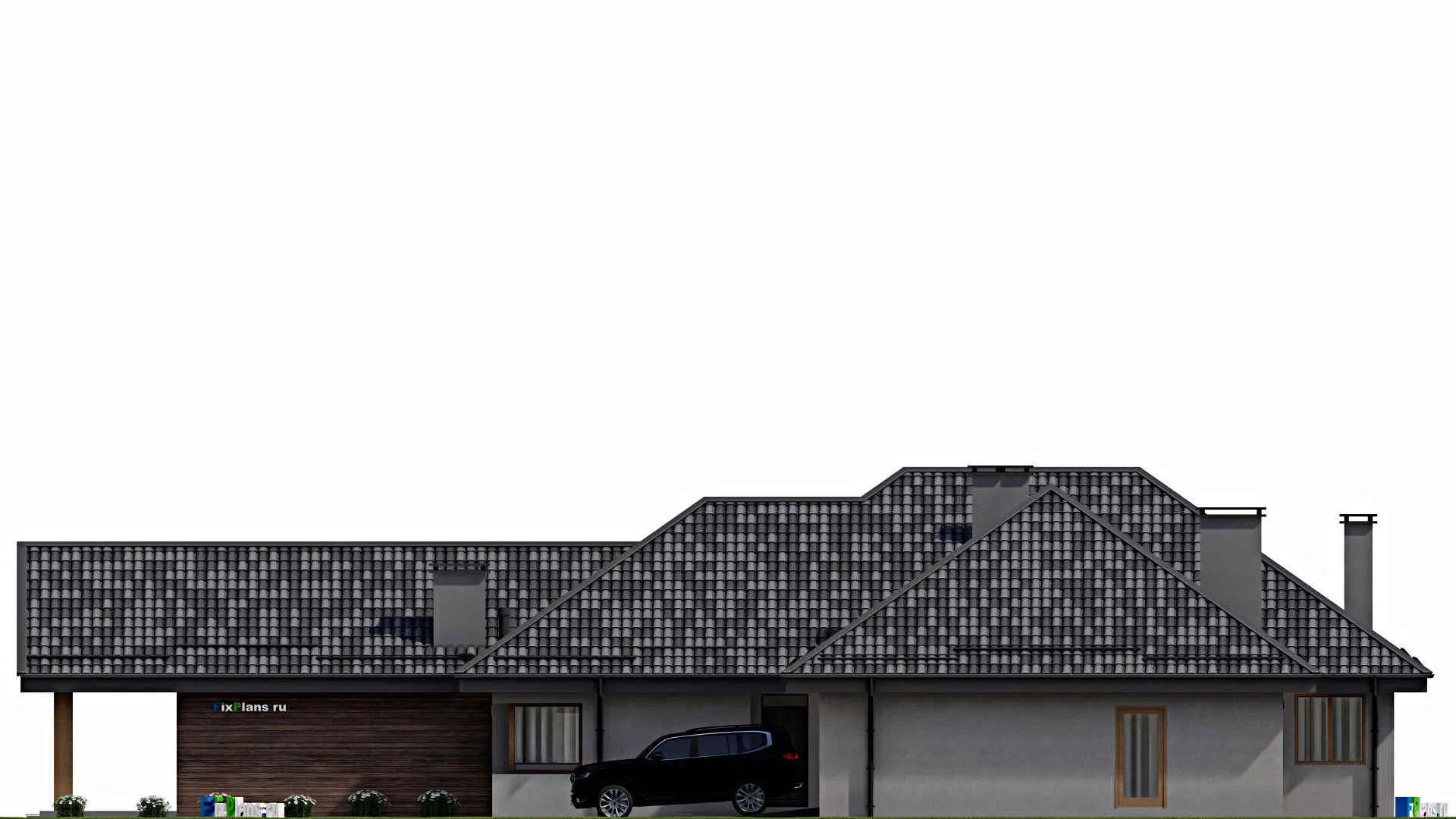 F-9089 - Проект одноэтажного дома 20 на 29, площадью 320 м² с террасой, гаражом на 2 машины и 4 спальнями