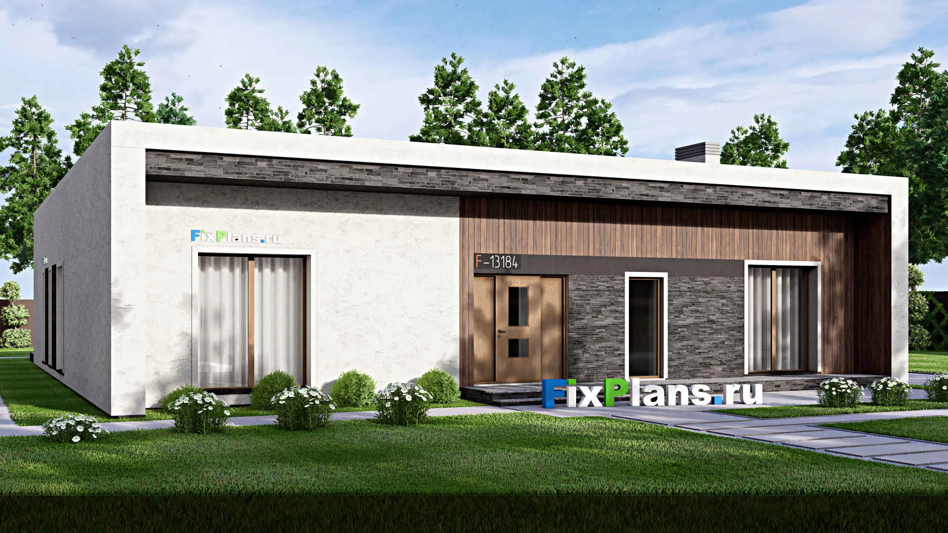F-13184 - Проект одноэтажного дома 17 на 22, площадью 290 м² с террасой и 4 спальнями