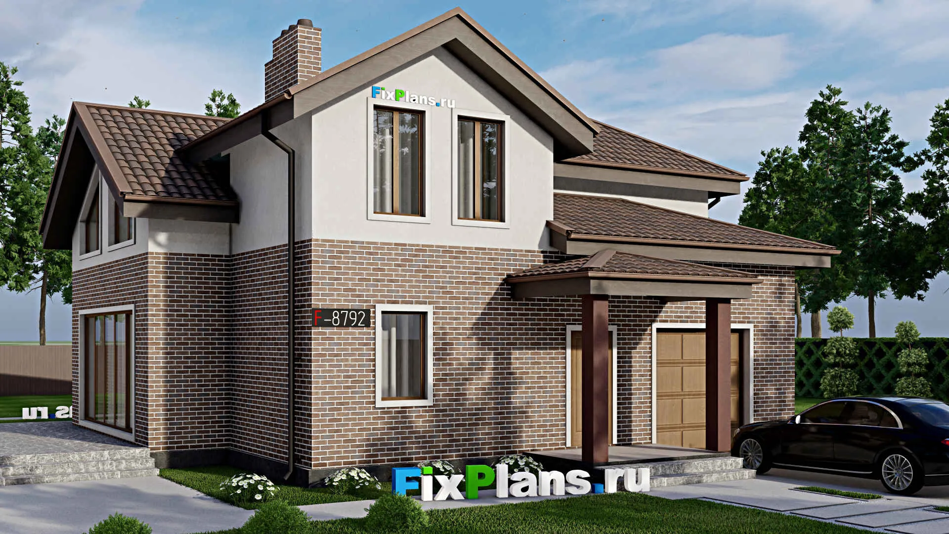 F-8792 - Проект дома с мансардой 17 на 22, площадью 310 м² с террасой, гаражом на 1 машину и 6 спальнями