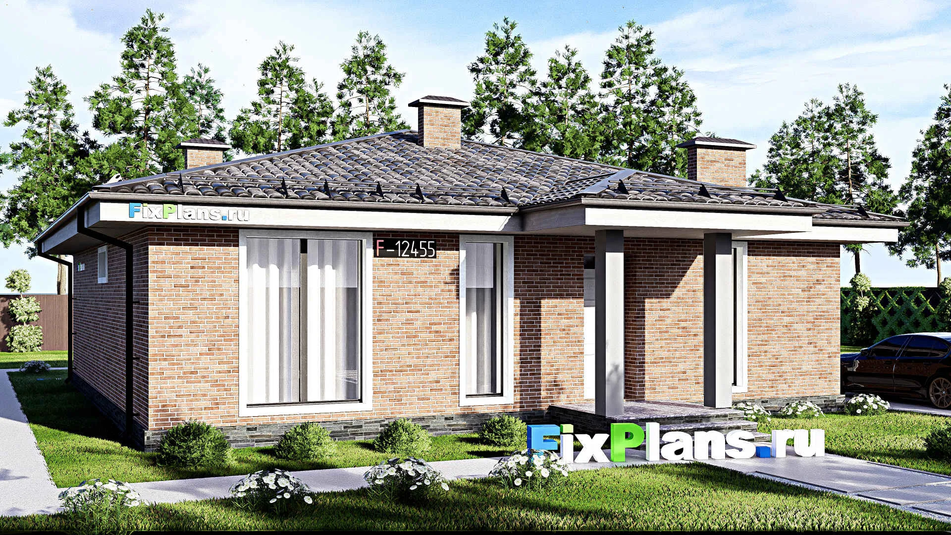 F-12455 - Проект одноэтажного дома 13 на 17, площадью 140 м² с террасой и 3 спальнями