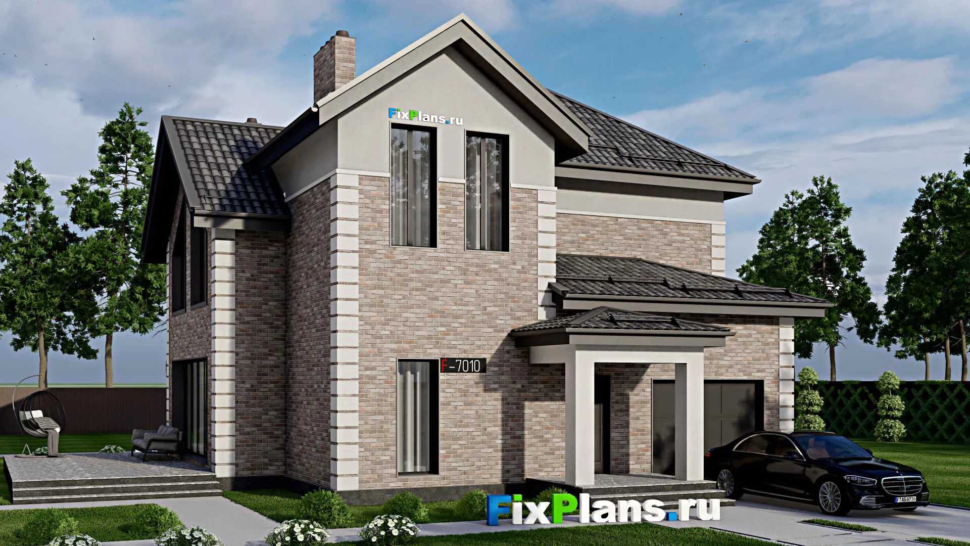 F-7010 - Проект двухэтажного дома 17 на 22, площадью 310 м² с террасой, гаражом на 1 машину и 6 спальнями