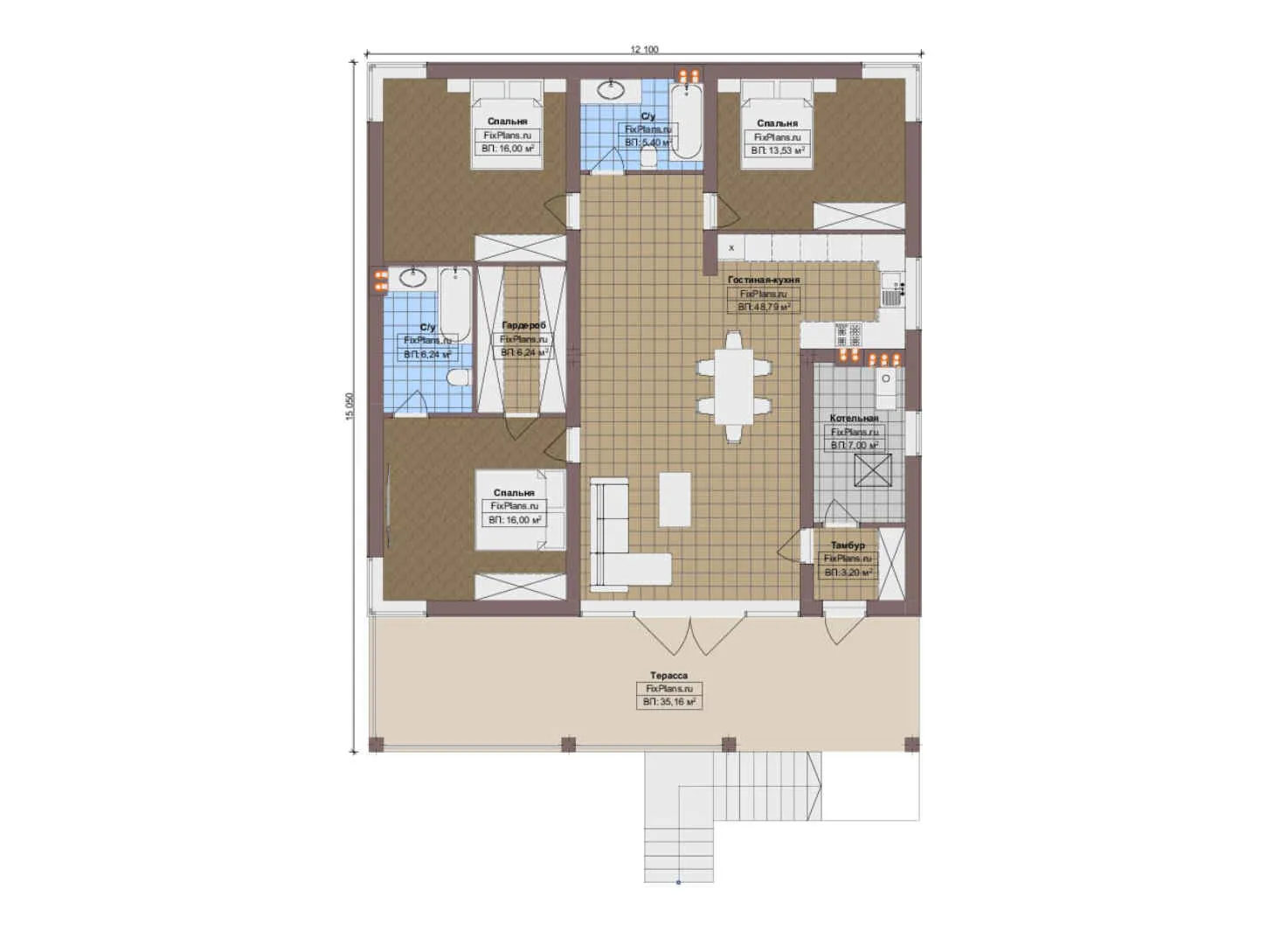 F-13265 - План одноэтажного дома 13 на 16, площадью 160 м² с террасой и 3 спальнями