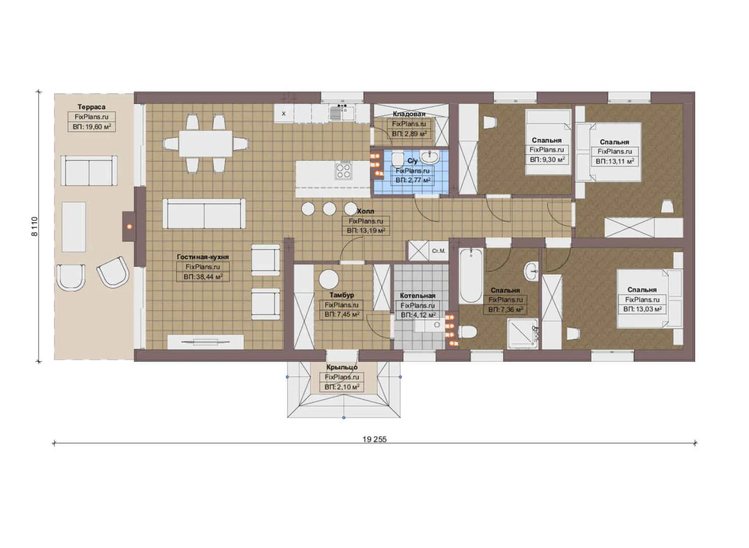 F-15803 - План одноэтажного дома 9 на 20, площадью 140 м² с террасой и 4 спальнями