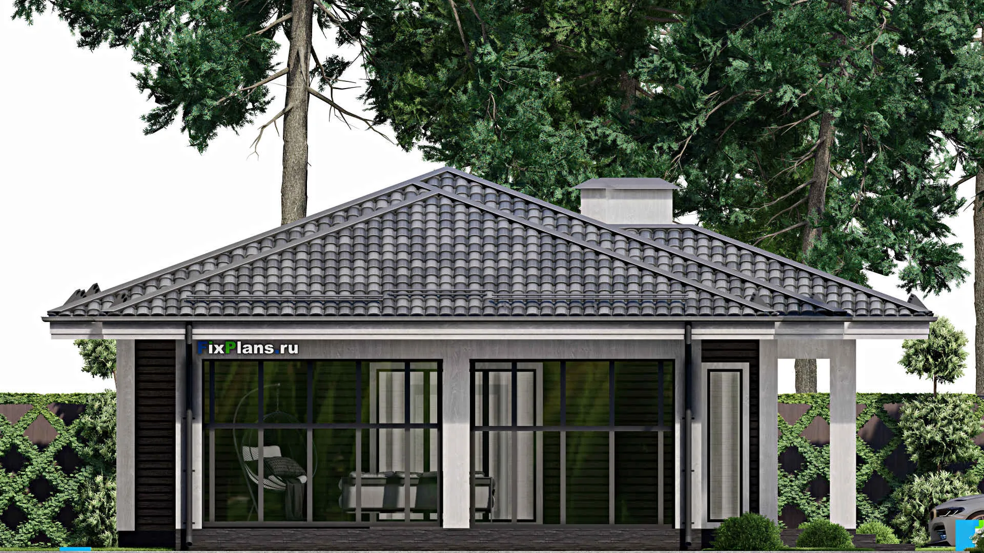 F-7748 - Проект одноэтажного дома 12 на 19, площадью 160 м² с террасой и 3 спальнями