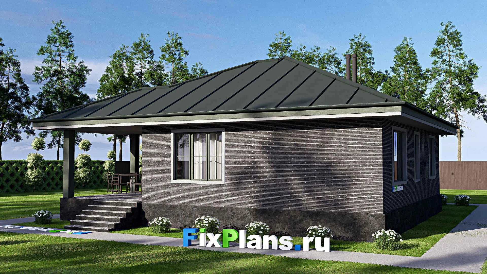 F-20771 - Проект одноэтажного дома 13 на 15, площадью 120 м² с террасой и 3 спальнями