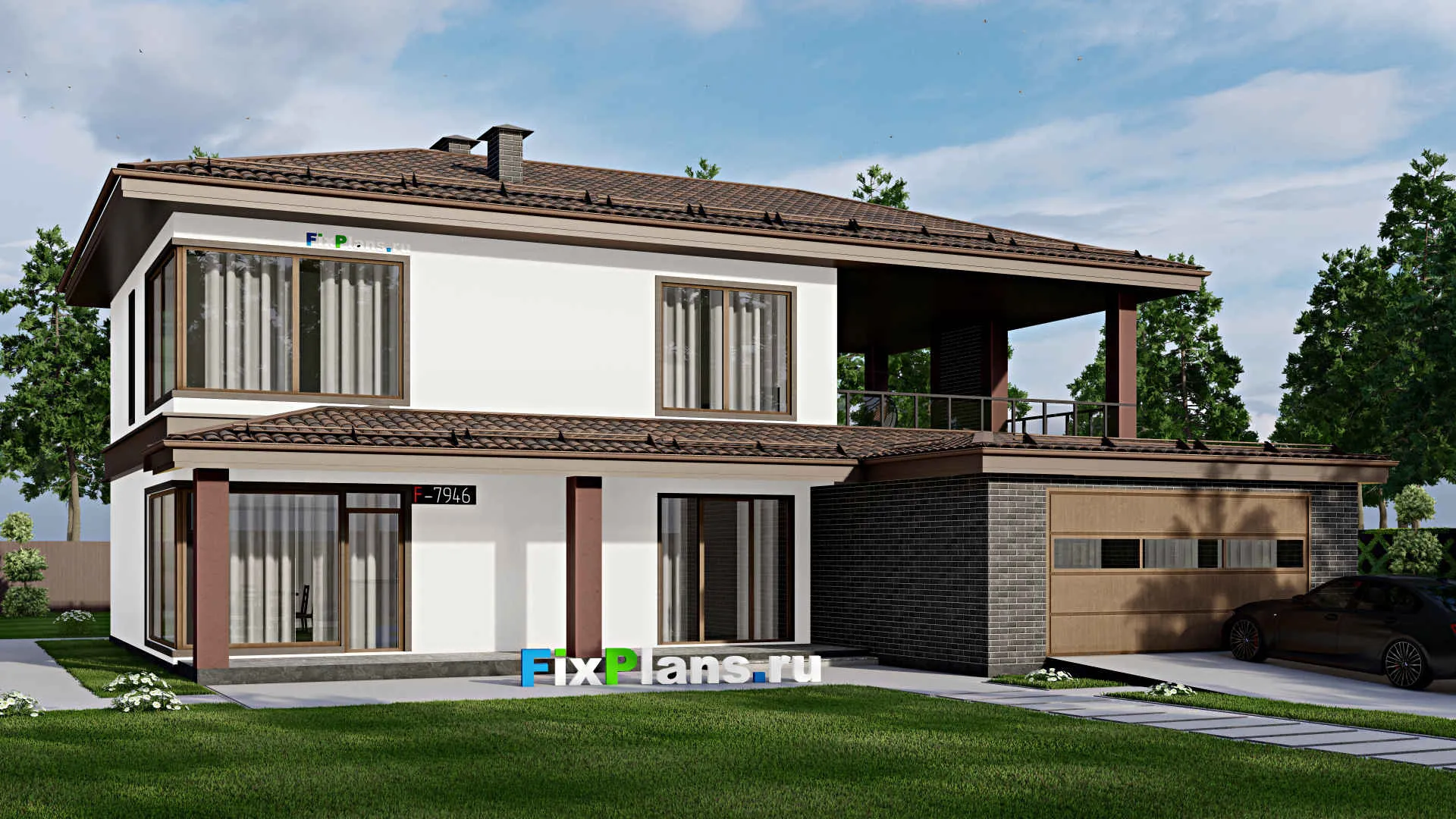 F-7946 - Проект двухэтажного дома 15 на 18, площадью 310 м² с террасой, баней, гаражом на 2 машины и 2 спальнями