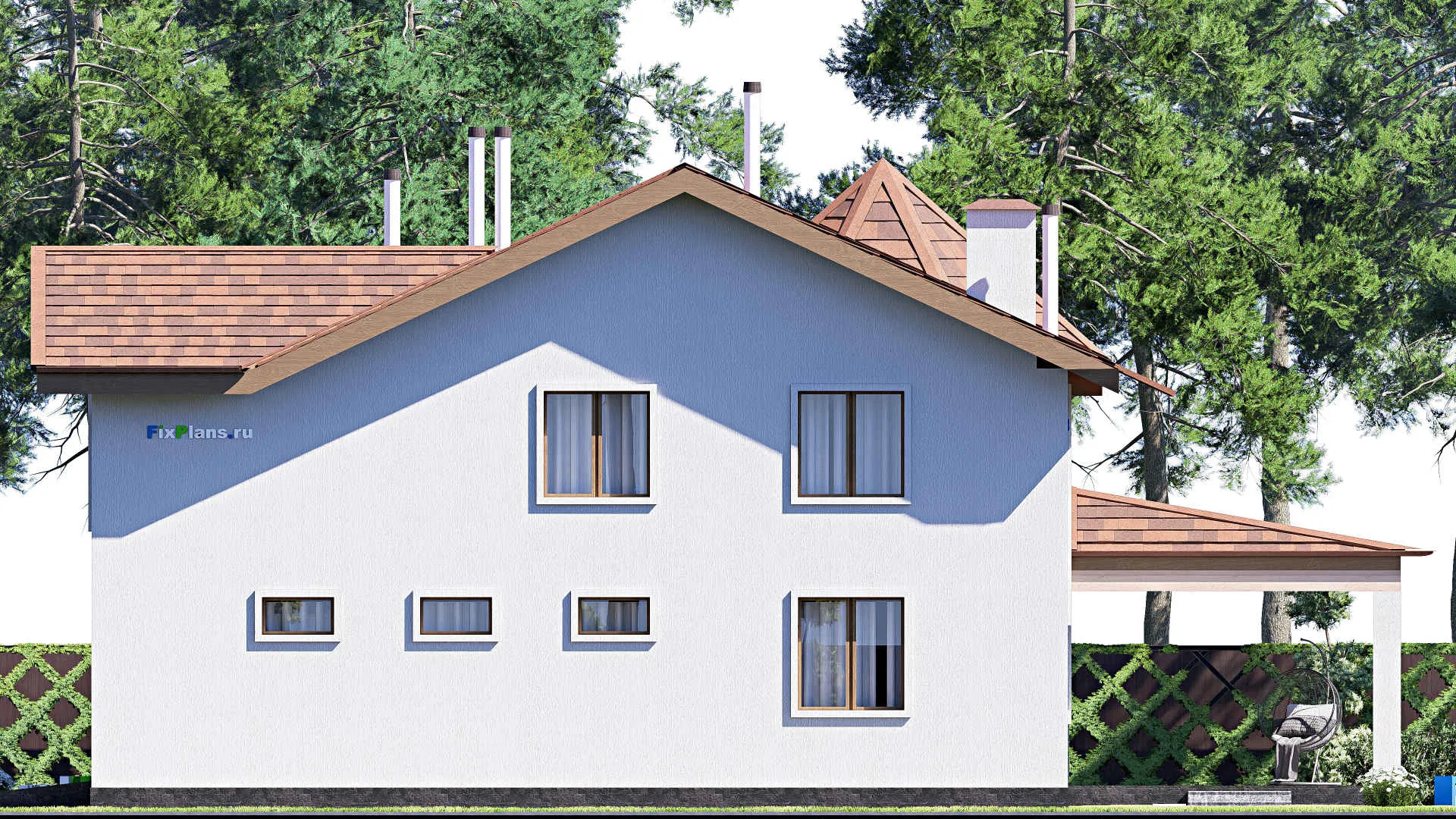 F-20240 - Проект двухэтажного дома 19 на 20, площадью 360 м² с террасой, гаражом на 2 машины и 3 спальнями