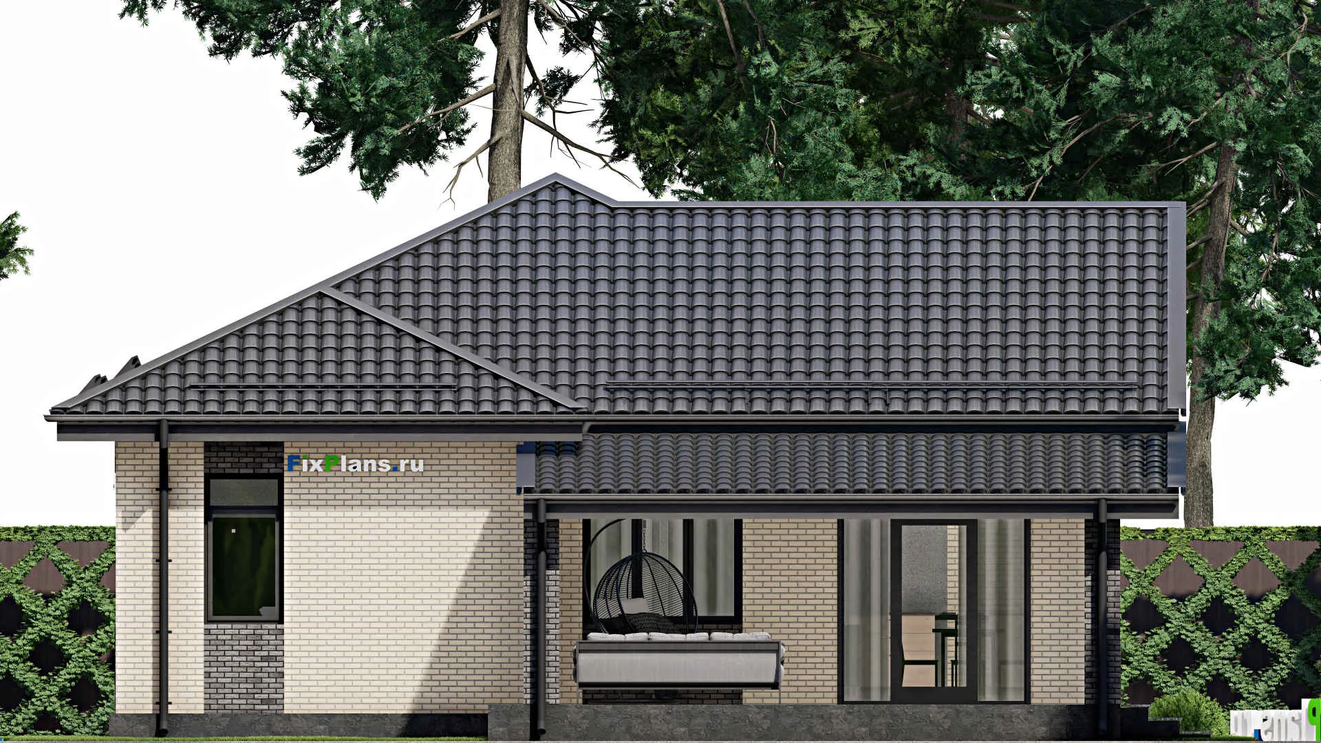 F-5453 - Проект одноэтажного дома 12 на 16, площадью 160 м² с террасой и 3 спальнями