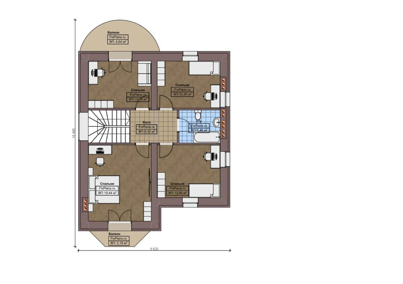 F-0890 - Планы дома с мансардой 15 на 16, площадью 210 м² с балконом, гаражом на 1 машину и 4 спальнями