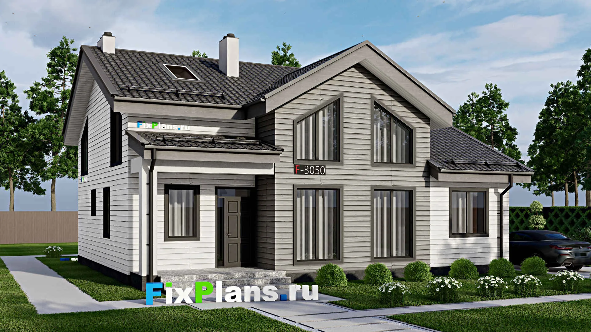 F-3050 - Проект дома с мансардой 12 на 13, площадью 200 м² с террасой и 5 спальнями