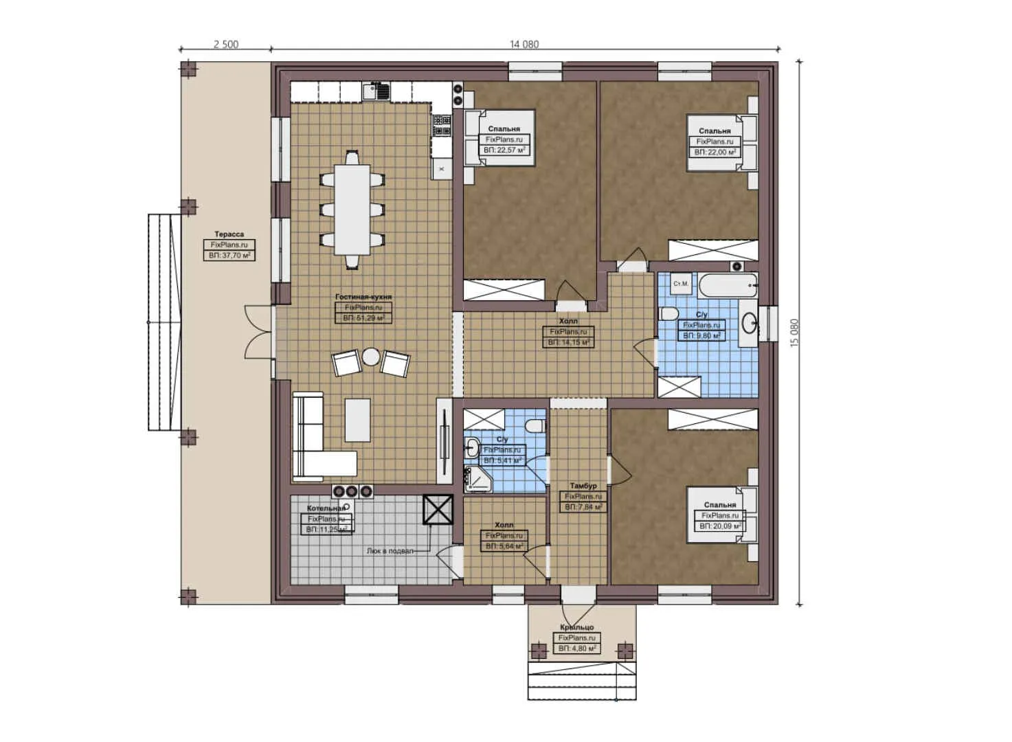 F-2420 - План одноэтажного дома 15 на 16, площадью 220 м² с террасой и 3 спальнями