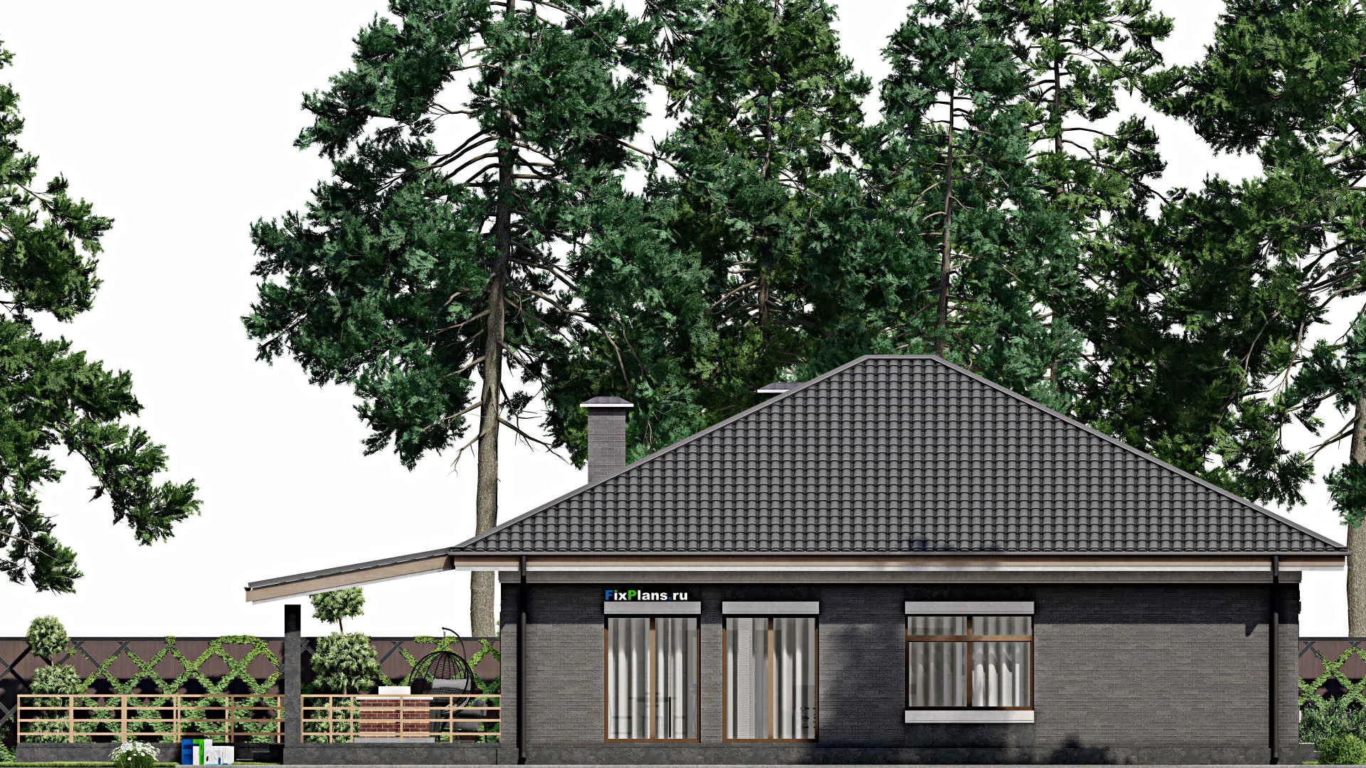 F-4562 - Проект одноэтажного дома 14 на 15, площадью 260 м² с террасой, баней, гаражом на 1 машину, бассейном и 3 спальнями