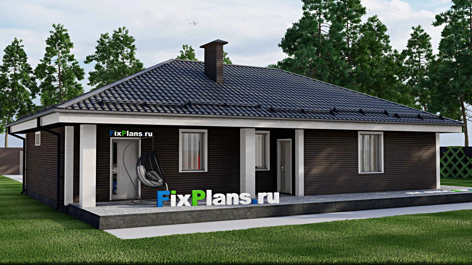 F-9665 - Проект одноэтажного дома 18 на 19, площадью 240 м² с террасой, гаражом на 1 машину и 3 спальнями