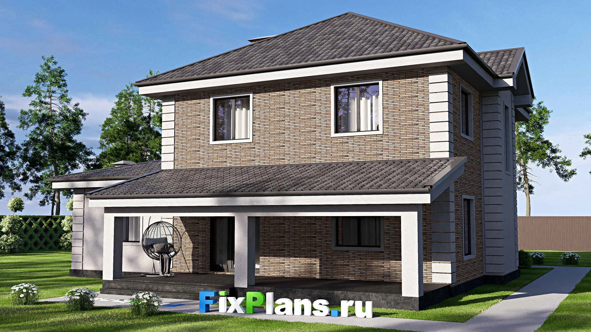 F-19088 - Проект двухэтажного дома 15 на 15, площадью 220 м² с террасой, гаражом на 1 машину и 4 спальнями