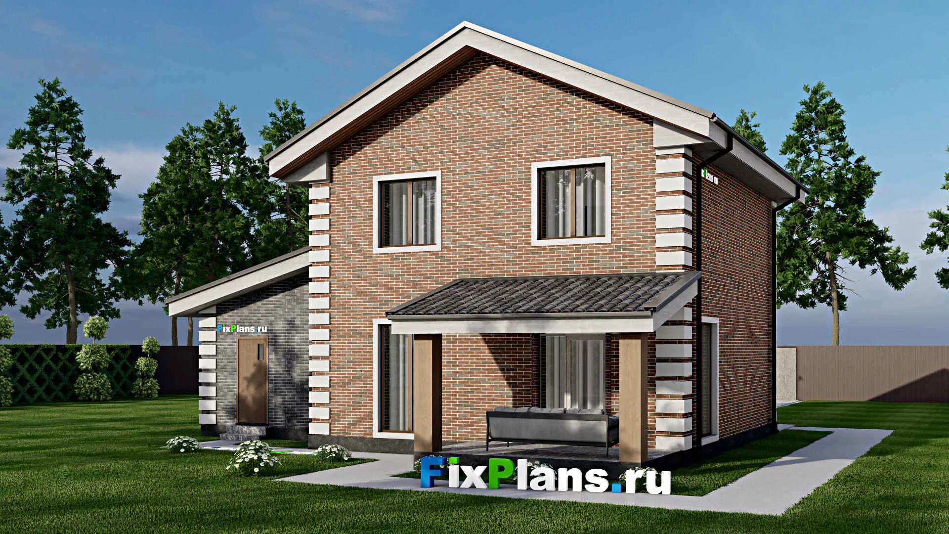 F-9287 - Проект двухэтажного дома 13 на 13, площадью 160 м² с террасой, гаражом на 1 машину и 4 спальнями