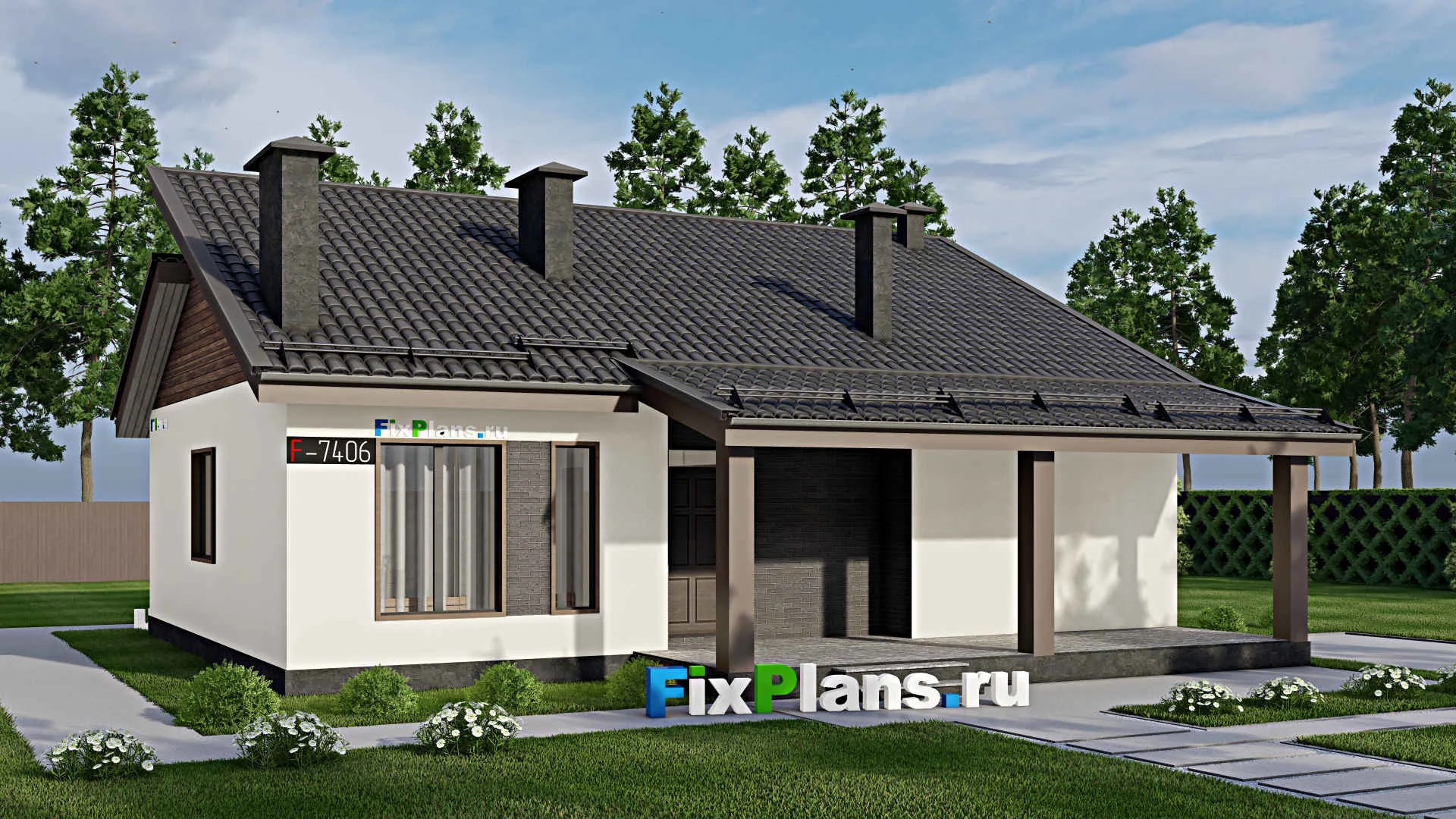 F-7406 - Проект одноэтажного дома 12 на 13, площадью 120 м² с 3 спальнями