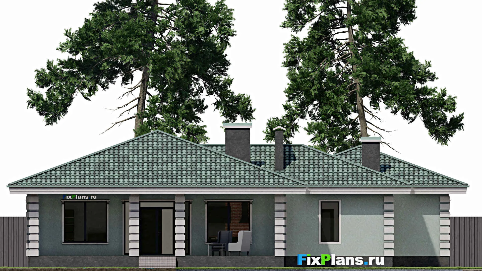 F-0962 - Проект одноэтажного дома 20 на 24, площадью 250 м² с террасой, гаражом на 2 машины и 3 спальнями