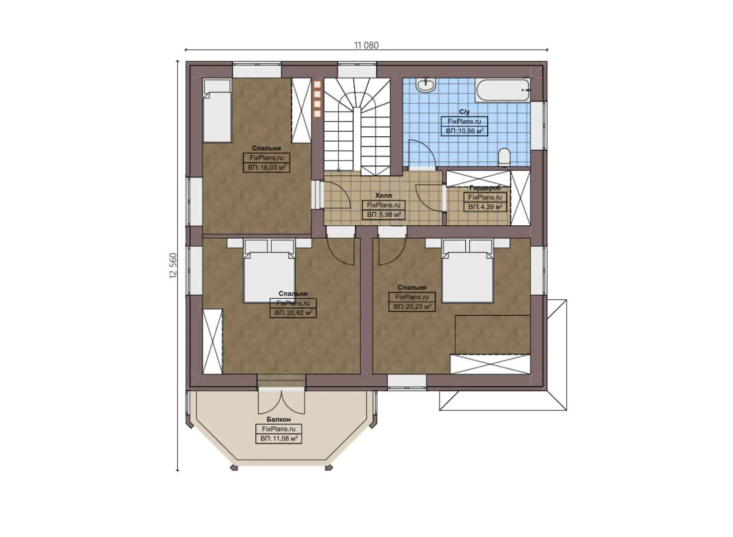 F-3698 - Планы двухэтажного дома 12 на 13, площадью 180 м² с балконом, цокольным этажом и 3 спальнями