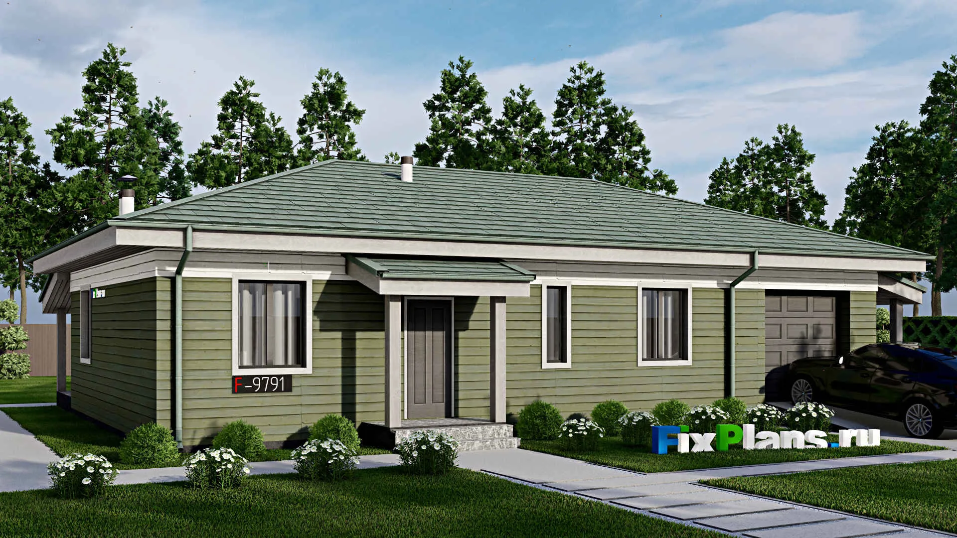 F-9791 - Проект одноэтажного дома 13 на 18, площадью 160 м² с террасой, гаражом на 1 машину и 2 спальнями