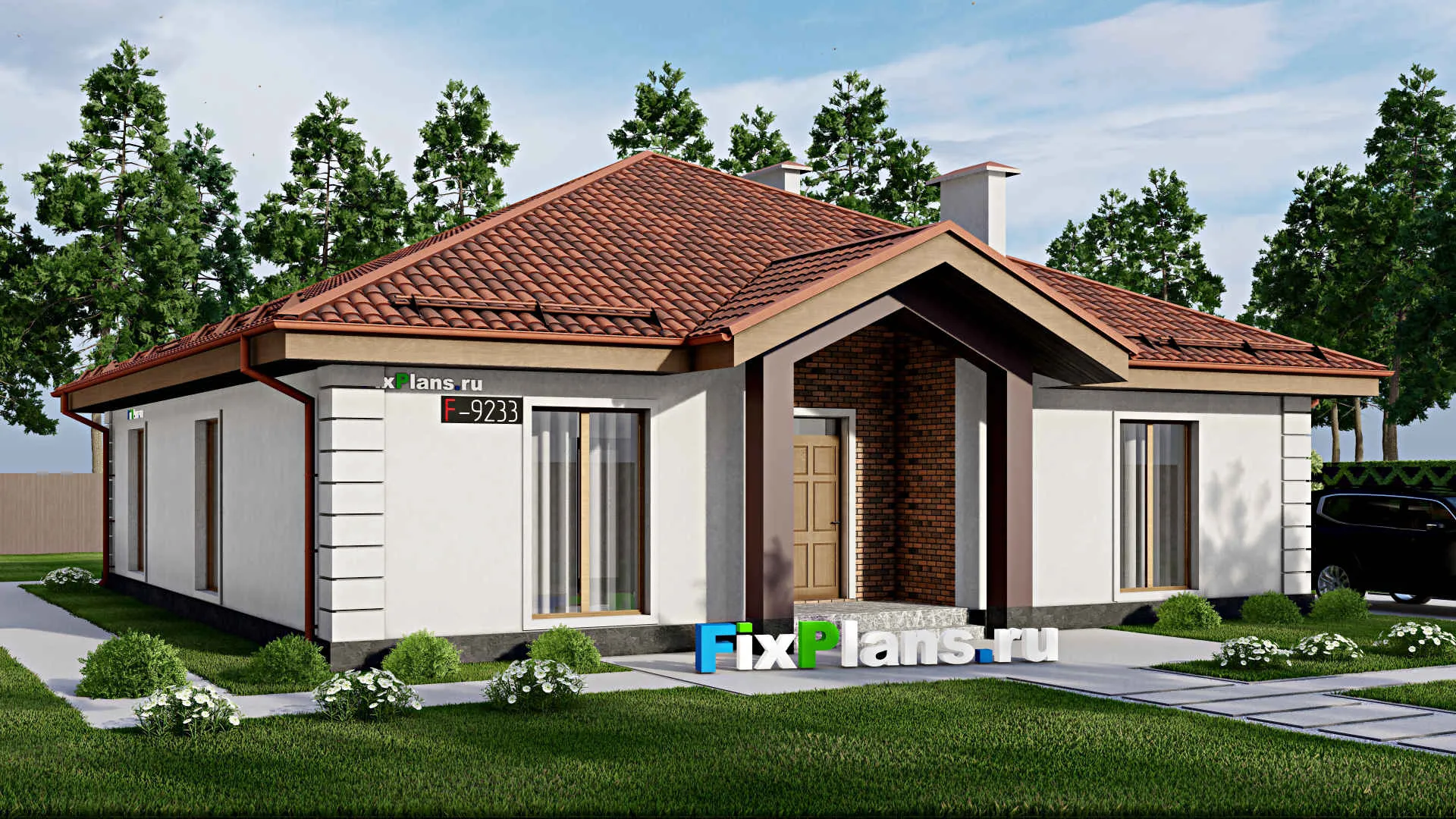 F-9233 - Проект одноэтажного дома 15 на 15, площадью 170 м² с террасой и 4 спальнями