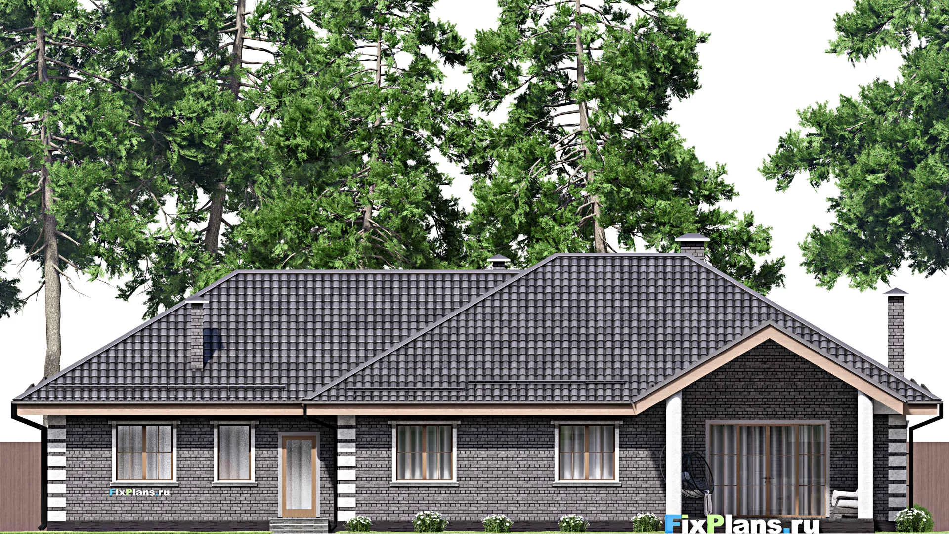 F-13157 - Проект одноэтажного дома 17 на 22, площадью 230 м² с террасой, гаражом на 2 машины и 3 спальнями